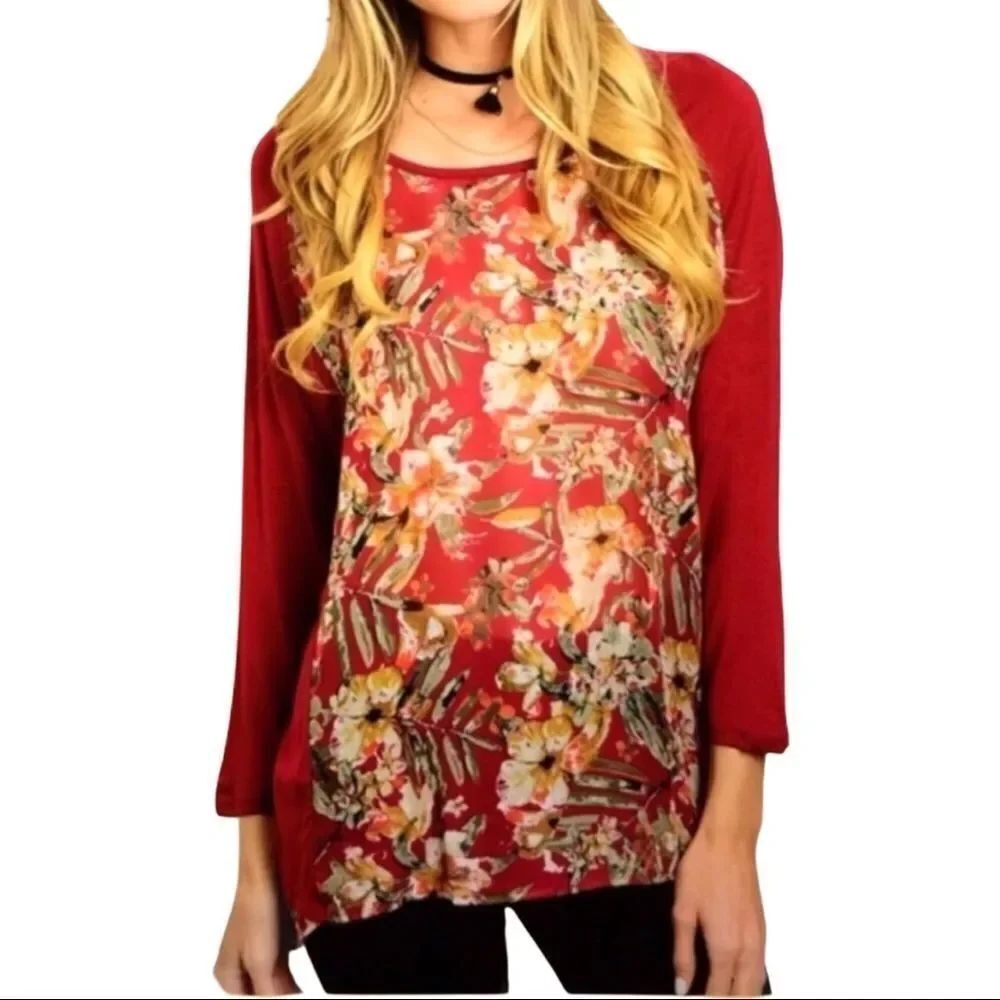 Burgundy Cream Floral Long Sleeve Blouse- Shirt Tail NWT